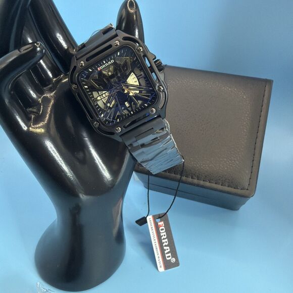 Forrad Mens Skeleton Quartz Black Watch Metal Bracelet With a heavy Padded box main image 4
